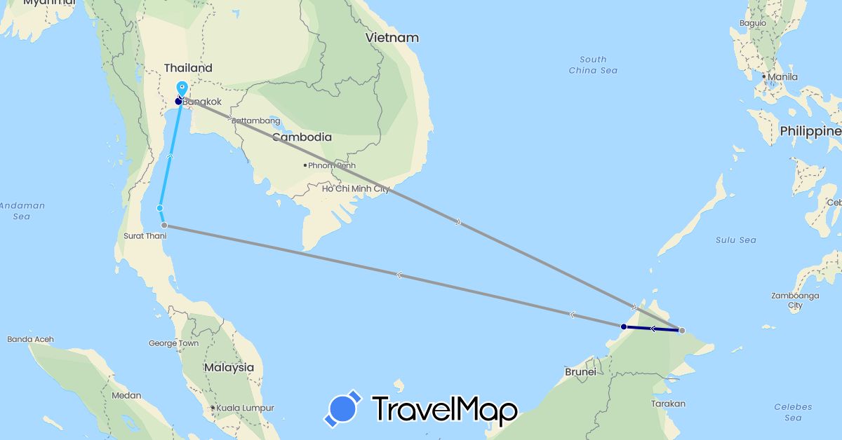 TravelMap itinerary: driving, plane, boat in Malaysia, Thailand (Asia)
